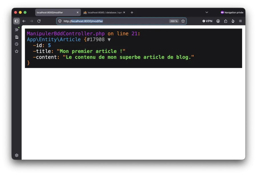 Afficher le contenu d'une ligne grâce à la fonction dd() de Symfony